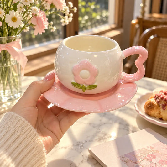 Pink Flower Ceramic Teacup & Heart Handle Saucer Set