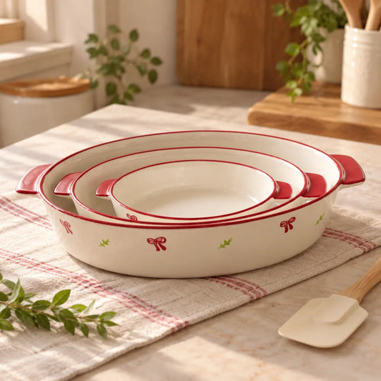 Red Bow Ceramic Oval Serving Dishes – Set of 3