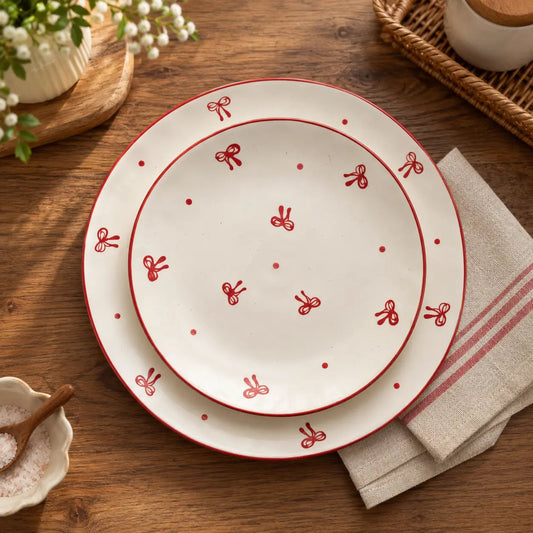 Red Ribbon & Polka Dot Ceramic Dinner Plate