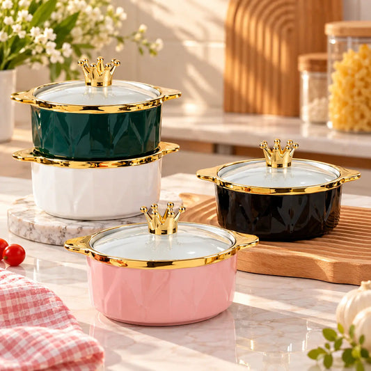 Crown Lid Ceramic Serving Bowl with Gold Trim