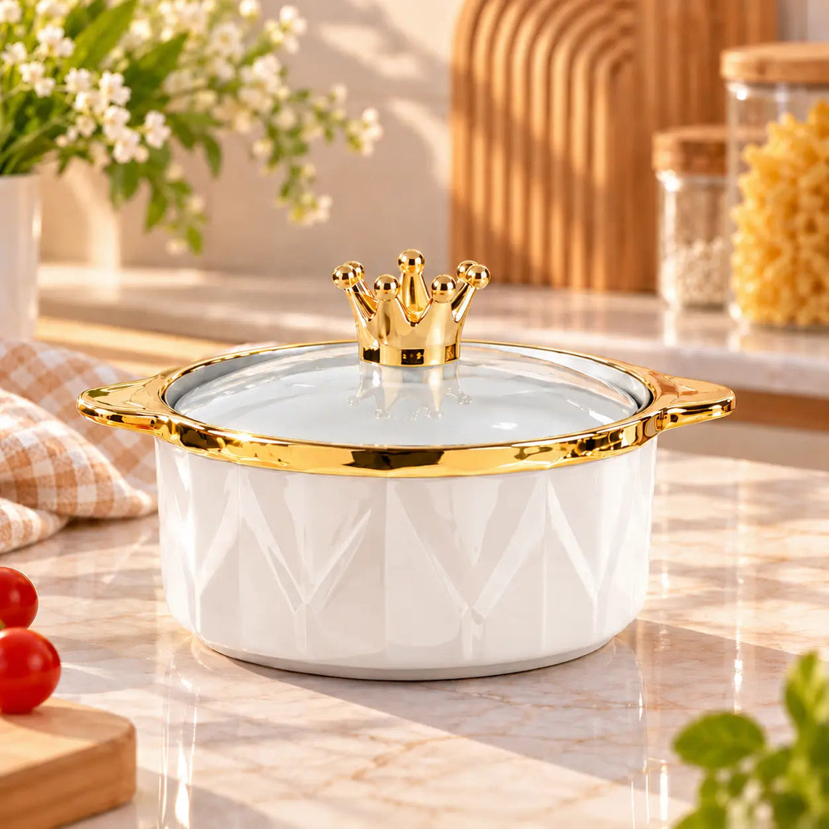Crown Lid Ceramic Serving Bowl with Gold Trim