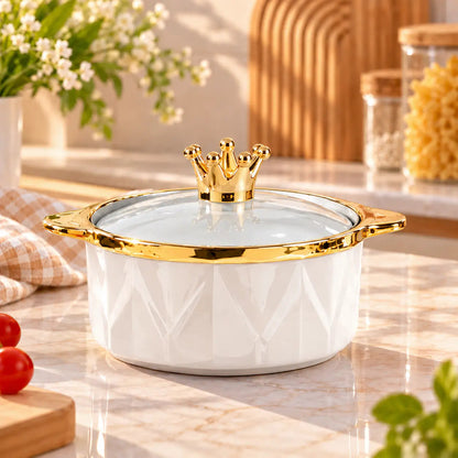 Crown Lid Ceramic Serving Bowl with Gold Trim
