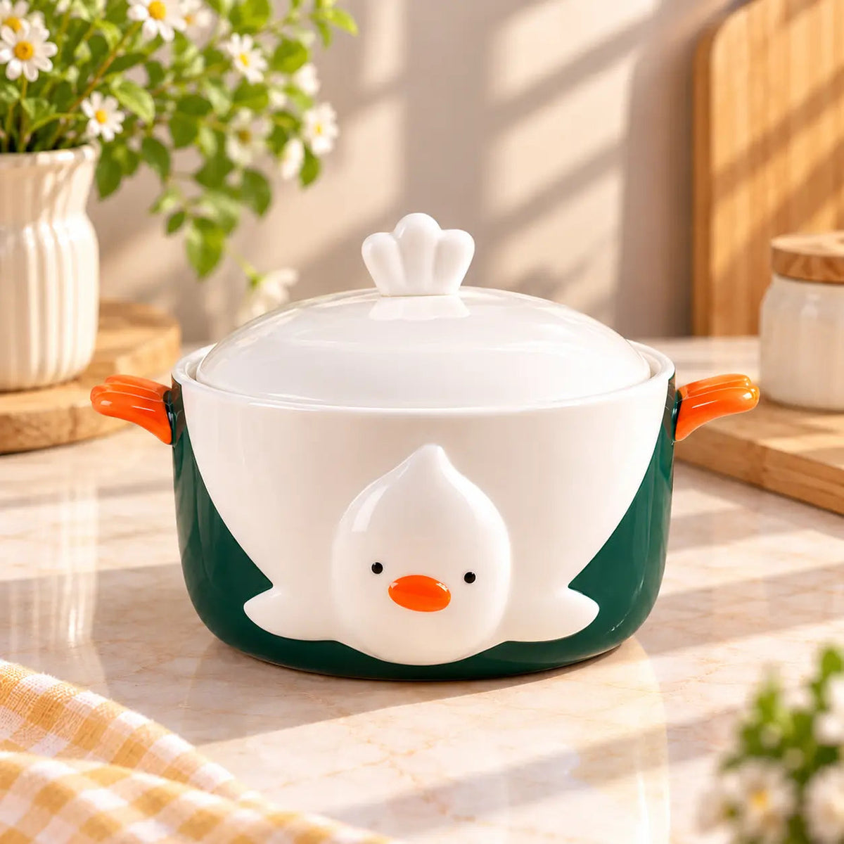 Chick Face Ceramic Bowl with Lid & Wing Handles