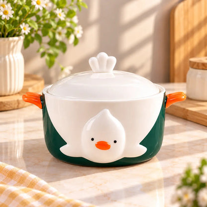 Chick Face Ceramic Bowl with Lid & Wing Handles