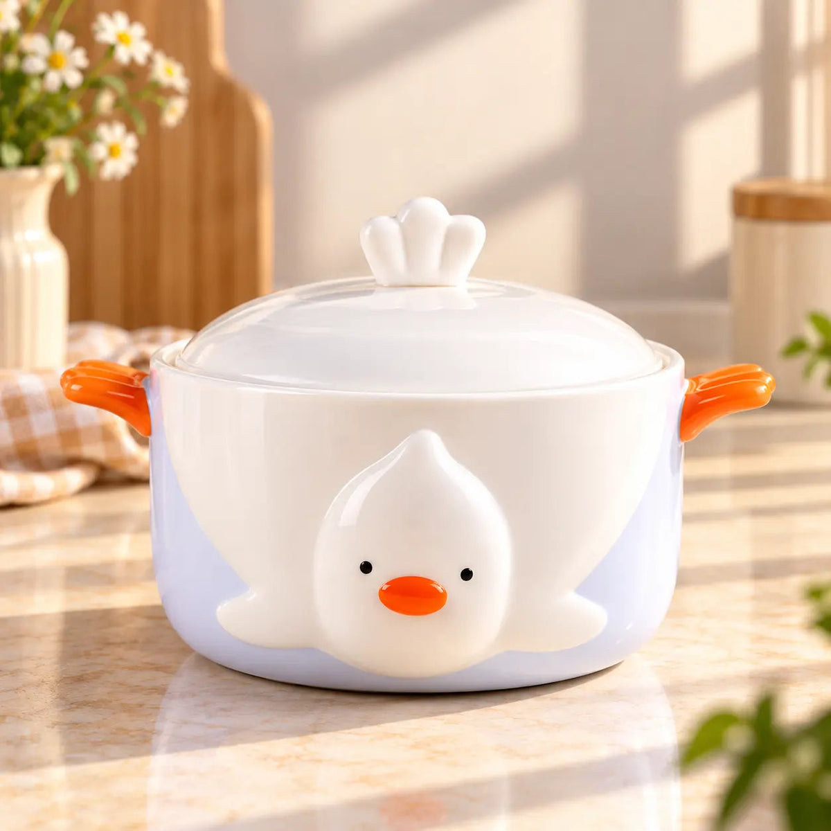 Chick Face Ceramic Bowl with Lid & Wing Handles
