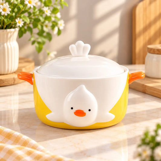 Chick Face Ceramic Bowl with Lid & Wing Handles