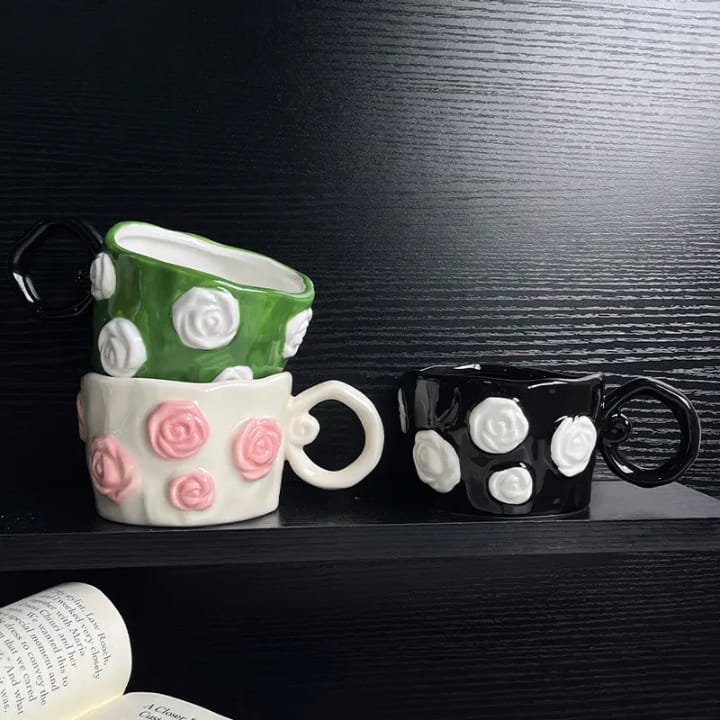 Artisan Rose Bloom Sculpted Mug – 3D Embossed Floral Ceramic Coffee Cup