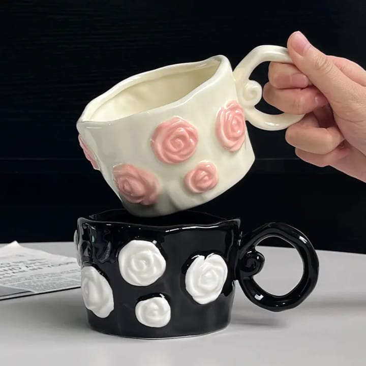 Artisan Rose Bloom Sculpted Mug – 3D Embossed Floral Ceramic Coffee Cup