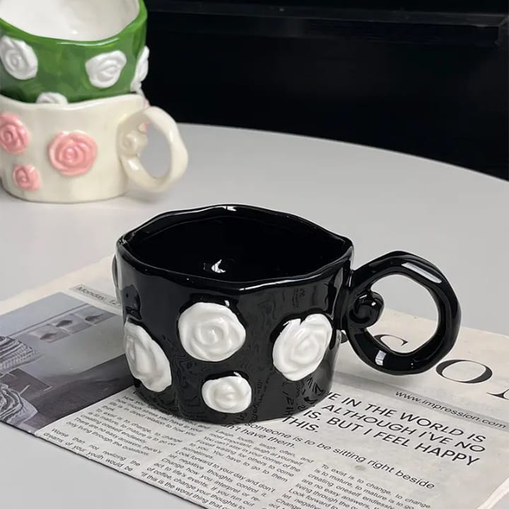 Artisan Rose Bloom Sculpted Mug – 3D Embossed Floral Ceramic Coffee Cup