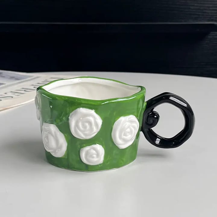 Artisan Rose Bloom Sculpted Mug – 3D Embossed Floral Ceramic Coffee Cup