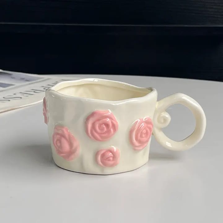 Artisan Rose Bloom Sculpted Mug – 3D Embossed Floral Ceramic Coffee Cup