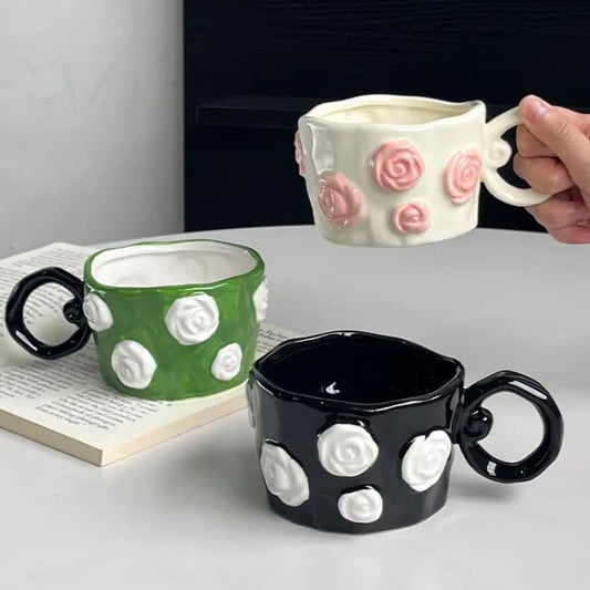Artisan Rose Bloom Sculpted Mug – 3D Embossed Floral Ceramic Coffee Cup