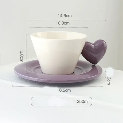 Monochrome Muse Duo – Artisan Heart-Handle Ceramic Cup & High-Gloss Saucer