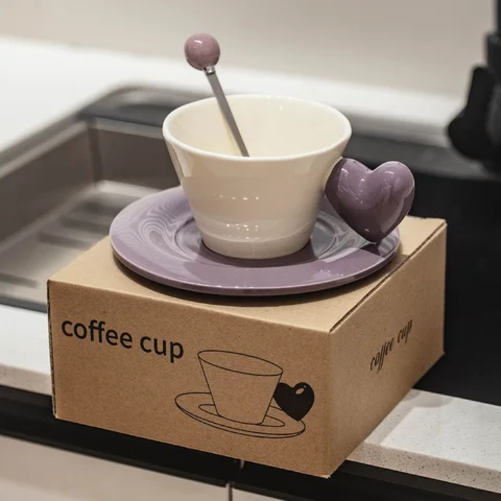 Monochrome Muse Duo – Artisan Heart-Handle Ceramic Cup & High-Gloss Saucer