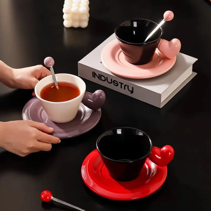 Monochrome Muse Duo – Artisan Heart-Handle Ceramic Cup & High-Gloss Saucer