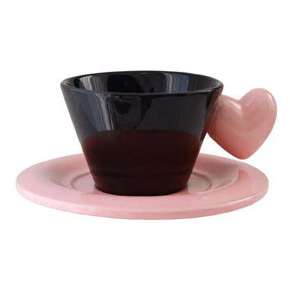 Monochrome Muse Duo – Artisan Heart-Handle Ceramic Cup & High-Gloss Saucer