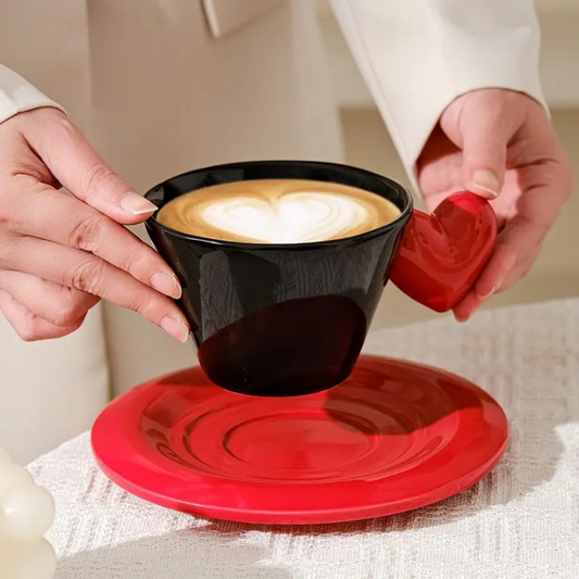 Monochrome Muse Duo – Artisan Heart-Handle Ceramic Cup & High-Gloss Saucer