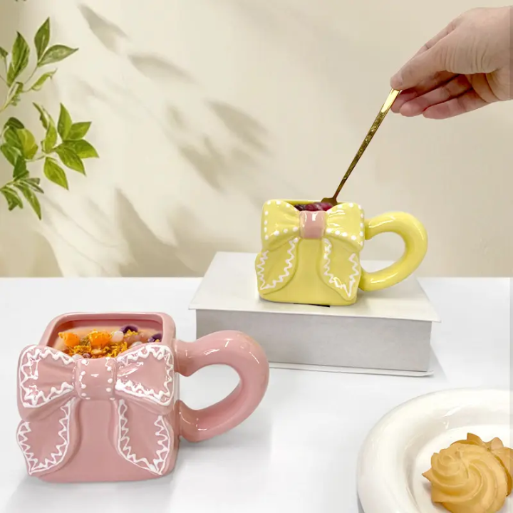 Artisan Square Bow Ceramic Mug – Aesthetic 3D Ribbon Coffee & Matcha Cup