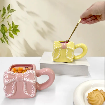 Artisan Square Bow Ceramic Mug – Aesthetic 3D Ribbon Coffee & Matcha Cup
