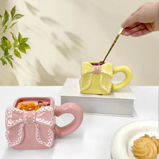 Artisan Square Bow Ceramic Mug – Aesthetic 3D Ribbon Coffee & Matcha Cup
