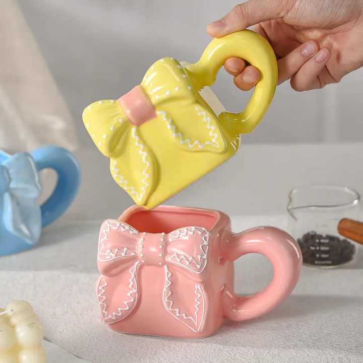 Artisan Square Bow Ceramic Mug – Aesthetic 3D Ribbon Coffee & Matcha Cup