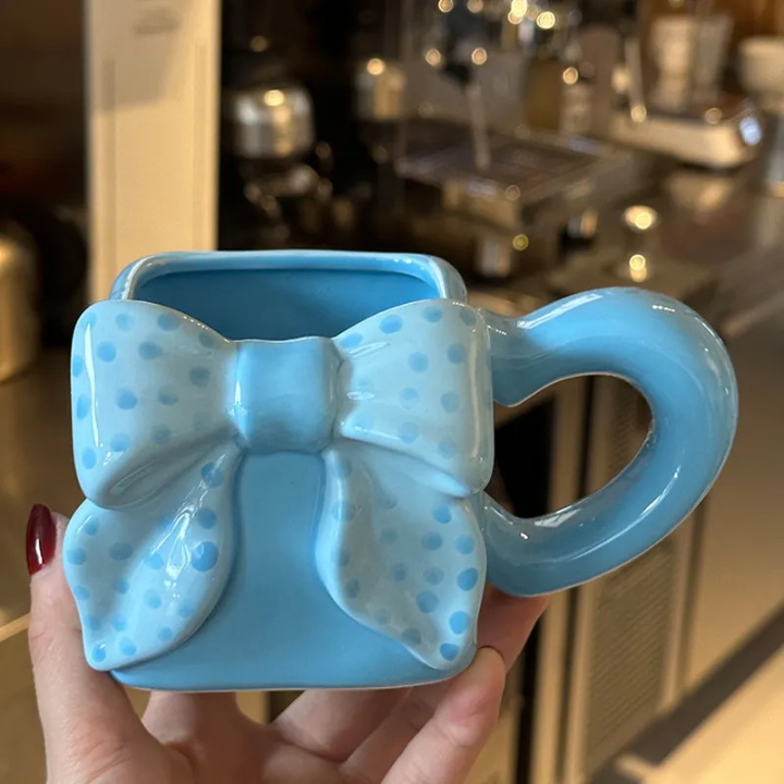 Artisan Square Bow Ceramic Mug – Aesthetic 3D Ribbon Coffee & Matcha Cup
