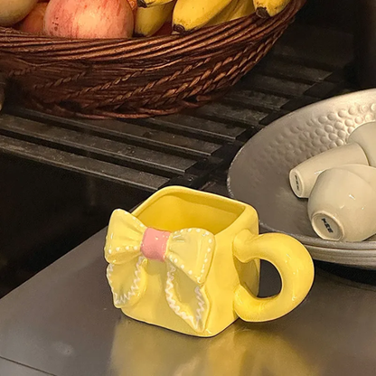 Artisan Square Bow Ceramic Mug – Aesthetic 3D Ribbon Coffee & Matcha Cup