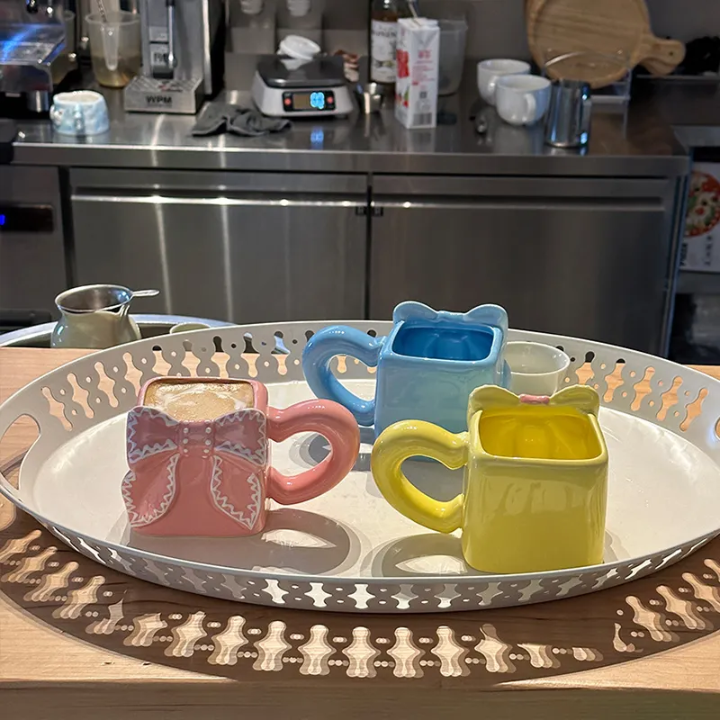Artisan Square Bow Ceramic Mug – Aesthetic 3D Ribbon Coffee & Matcha Cup