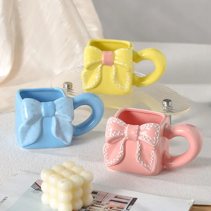 Artisan Square Bow Ceramic Mug – Aesthetic 3D Ribbon Coffee & Matcha Cup
