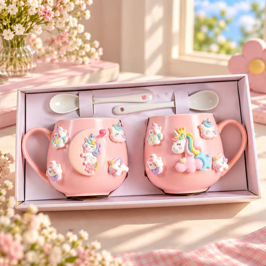 Unicorn Ceramic Mug Gift Set – 2 Mugs & Spoons