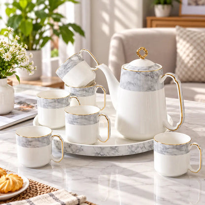 Grey Marble Ceramic Tea Set with Gold Trim – 7pc