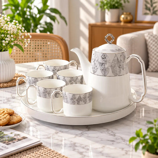 Silver Leaf Ceramic Teapot & 5-Cup Serving Set