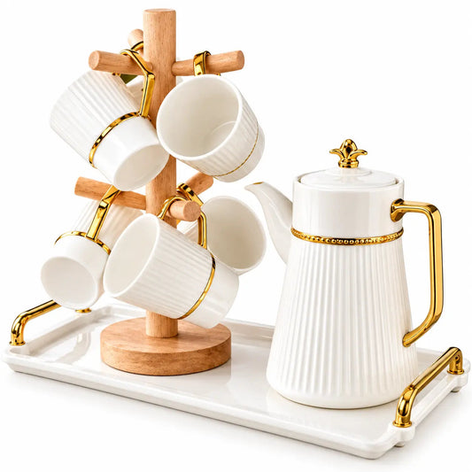 White Ribbed Ceramic Tea Set with Wood Stand – 9pc