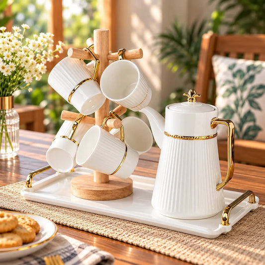 White Ribbed Ceramic Tea Set with Wood Stand – 9pc