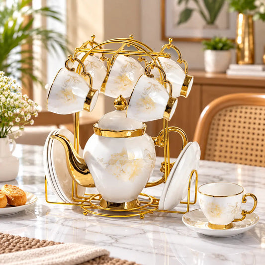 White & Gold Floral Ceramic Tea Set with Stand – 14pc
