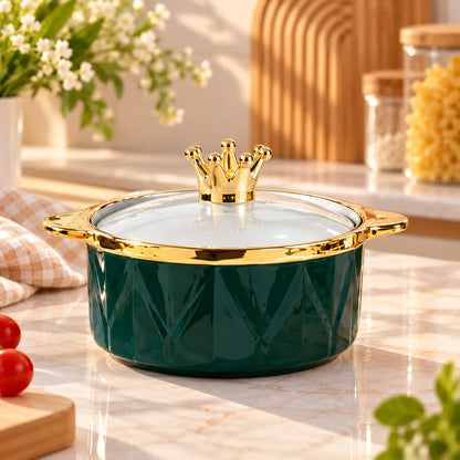 Crown Lid Ceramic Serving Bowl with Gold Trim