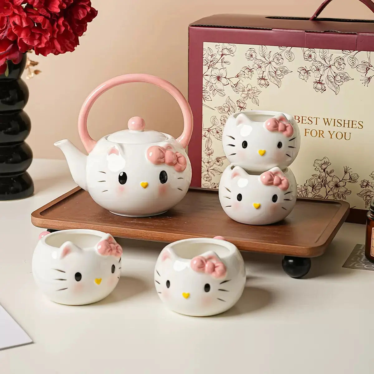 Cat-Themed Ceramic Tea Set with Teapot & 4 Cups – Gift Box Included
