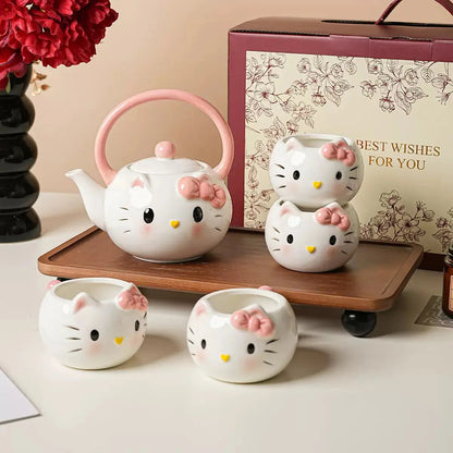 Cat-Themed Ceramic Tea Set with Teapot & 4 Cups – Gift Box Included
