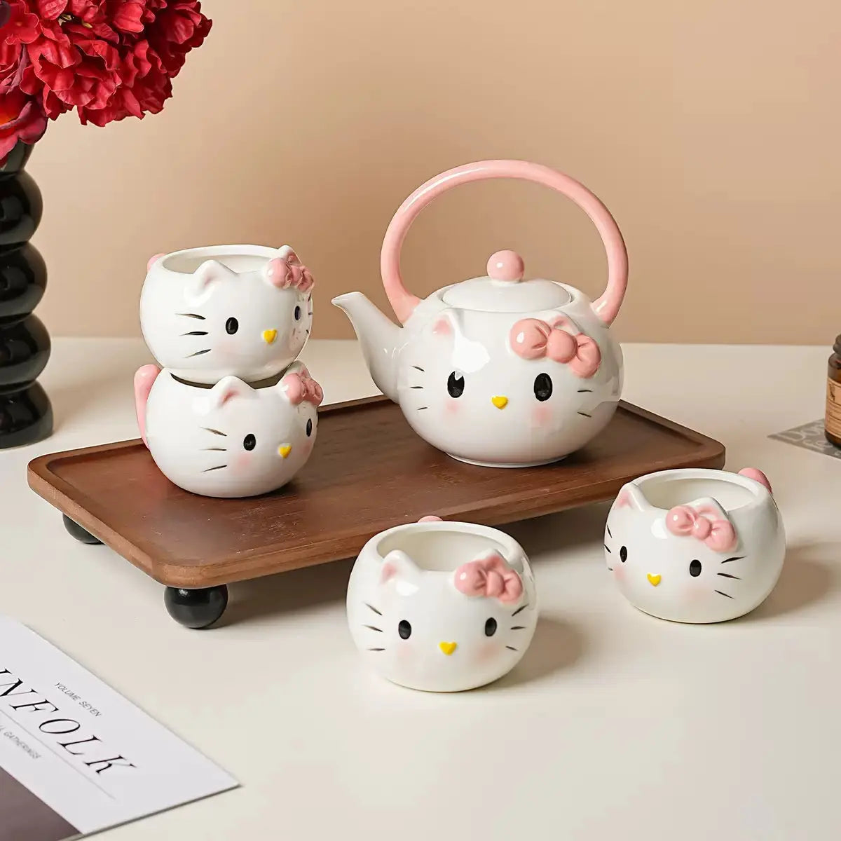 Cat-Themed Ceramic Tea Set with Teapot & 4 Cups – Gift Box Included