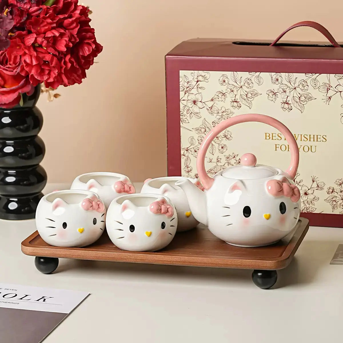 Cat-Themed Ceramic Tea Set with Teapot & 4 Cups – Gift Box Included