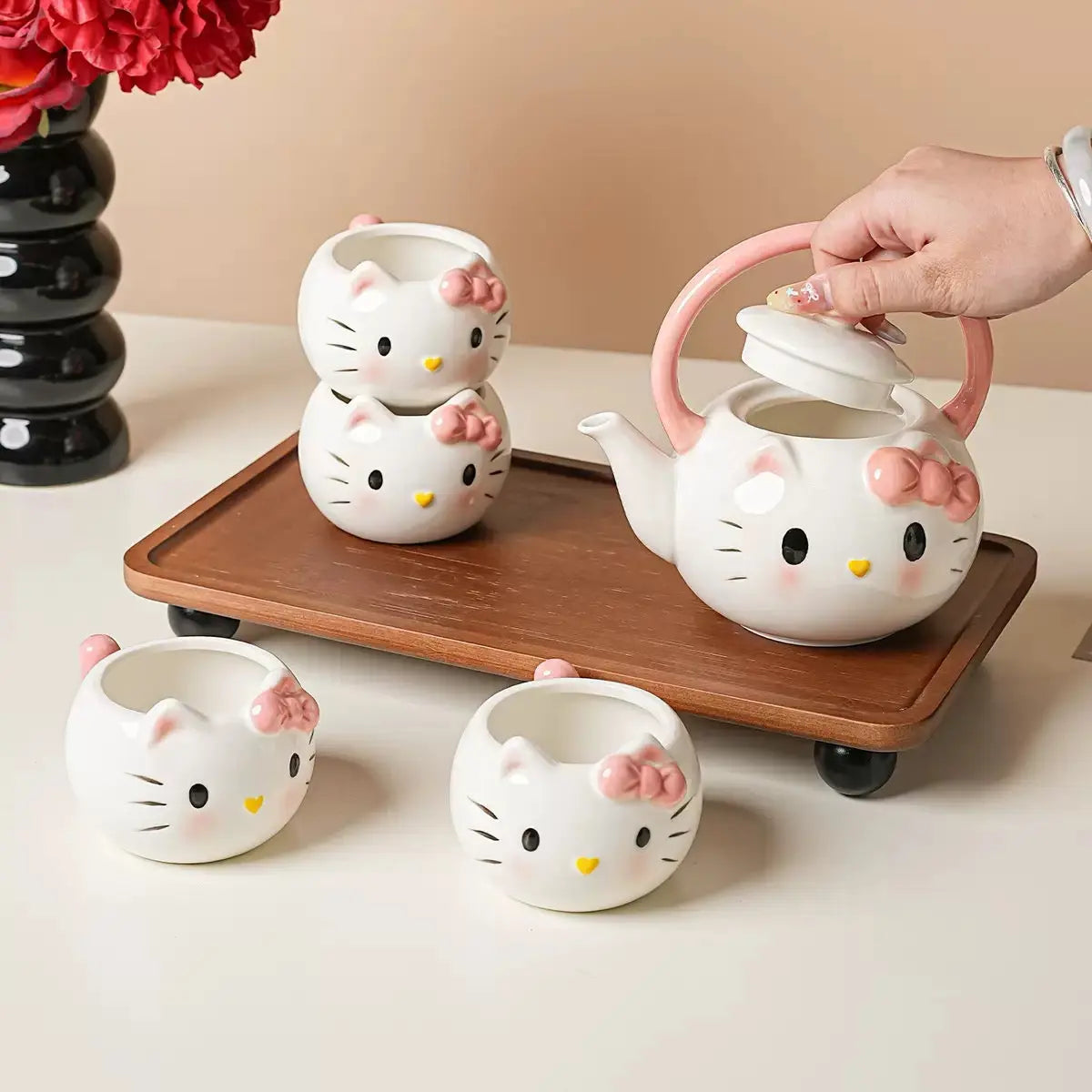 Cat-Themed Ceramic Tea Set with Teapot & 4 Cups – Gift Box Included