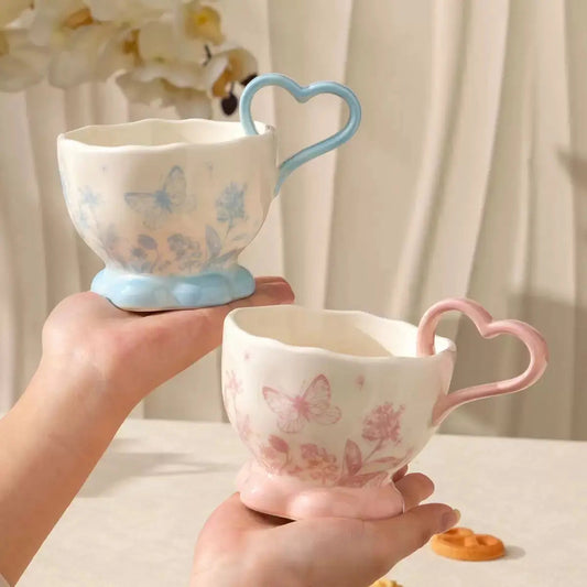 Butterfly Floral Ceramic Mug with Heart-Shaped Handle