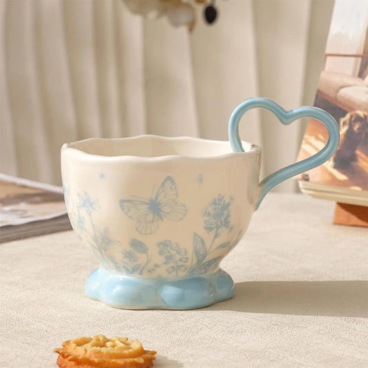 Butterfly Floral Ceramic Mug with Heart-Shaped Handle