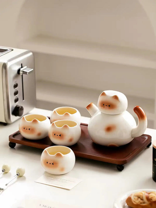 Chubby Cat Ceramic Tea Set with Teapot & 4 Cups – Gift Set
