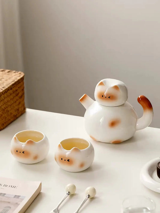 Chubby Cat Ceramic Tea Set with Teapot & 4 Cups – Gift Set