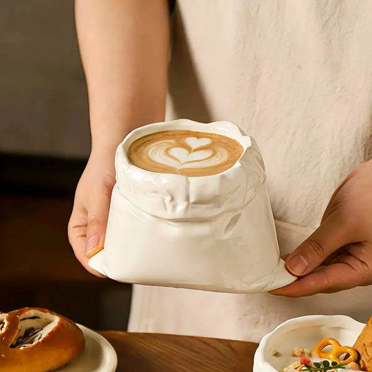 Ceramic Paper Bag Mug – Unique Coffee Cup with Glass Straw