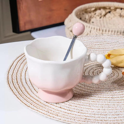 Pastel Gradient Ceramic Mug with Ruffle Handle & Spoon