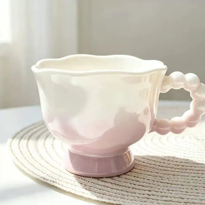 Pastel Gradient Ceramic Mug with Ruffle Handle & Spoon