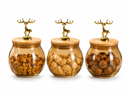 3-Piece Amber Glass Dry Fruit Jar Set – Rounded, Golden Deer Handles
