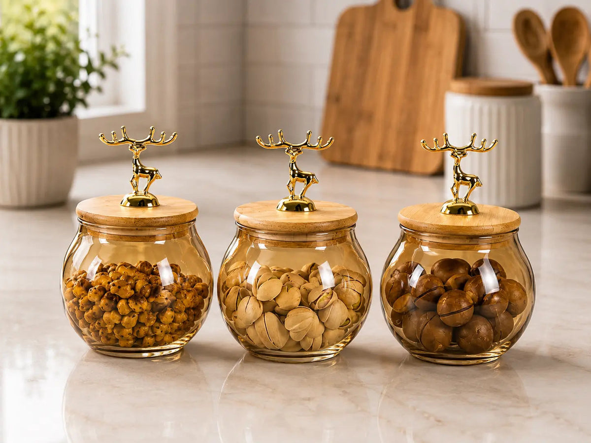3-Piece Amber Glass Dry Fruit Jar Set – Rounded, Golden Deer Handles